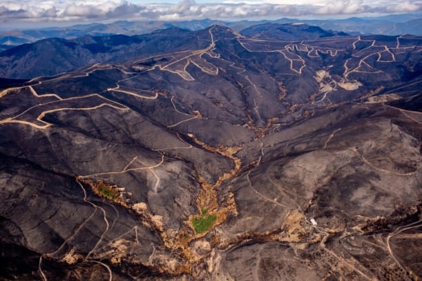 Vista aérea de los montes quemados por los incendios de 2025